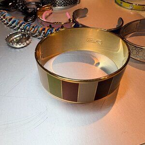Coach Wide Multicolor Enamel Stripe Gold-Tone Bangle Bracelet